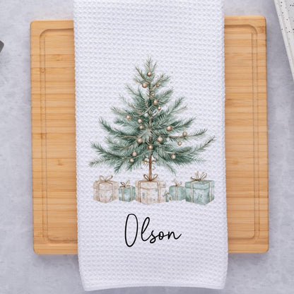 Personalized Christmas Tree Kitchen Towel, Custom Family Name Holiday Tea Towel