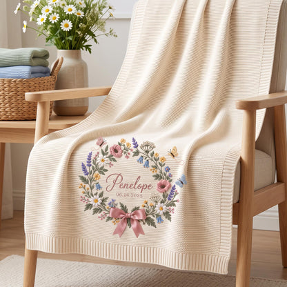 Personalized Floral Wreath Baby Knit Blanket with Name & Birth Date