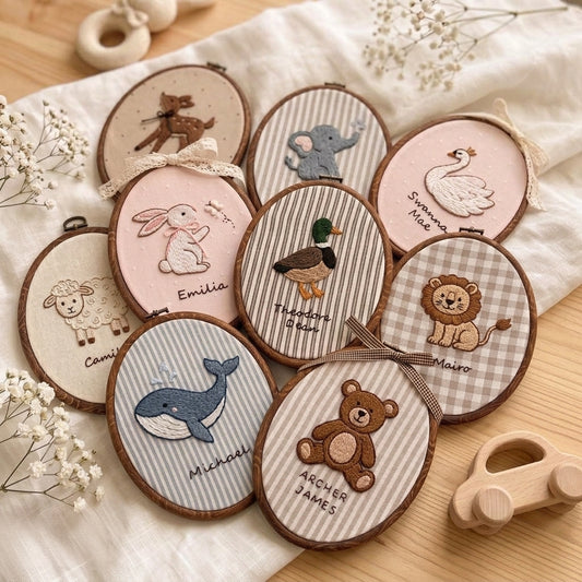 Personalized Baby Name Sign, Embroidered Animal Nursery Decor