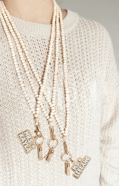 Personalized White & Wood Name Lanyard – Neutral Teacher Gift