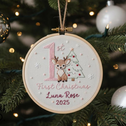 Baby’s First Christmas Embroidered Ornament – Penguin, Reindeer & More