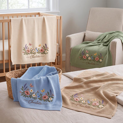 Personalized Wildflower Baby Blanket, Custom Name Floral Knit Blanket