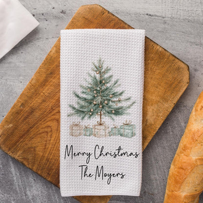 Personalized Christmas Tree Kitchen Towel, Custom Family Name Holiday Tea Towel