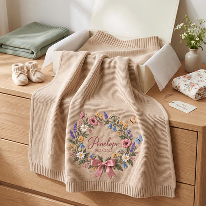 Personalized Floral Wreath Baby Knit Blanket with Name & Birth Date