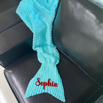 Personalized Mermaid Tail Knit Blanket, Custom Name Embroidery Crochet Blanket