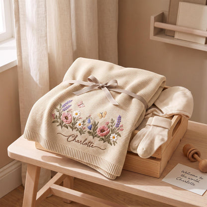 Personalized Wildflower Baby Blanket, Custom Name Floral Knit Blanket