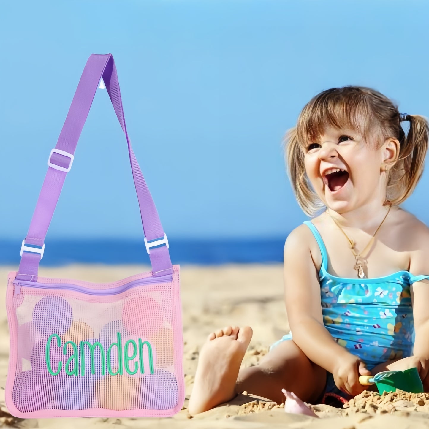 Personalized Name Mesh Seashell Beach Bag for Kids
