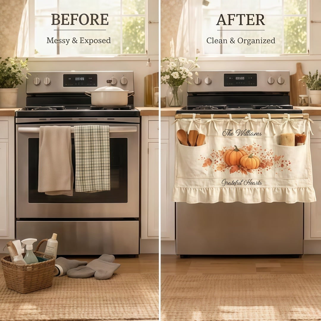 Personalized Fall Oven Skirt with Pockets | Family Name Decor