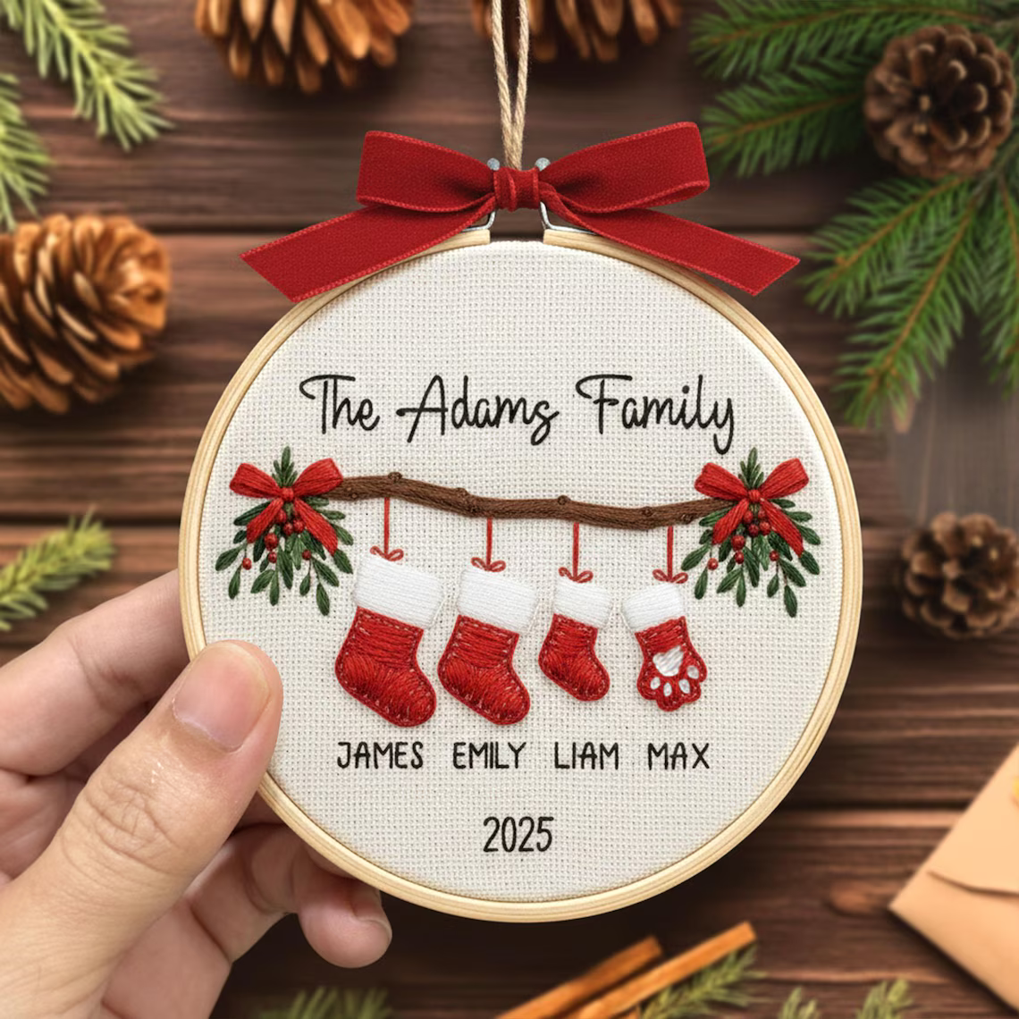 Personalized Family Christmas Ornament 2025 | Embroidered Stocking Gift