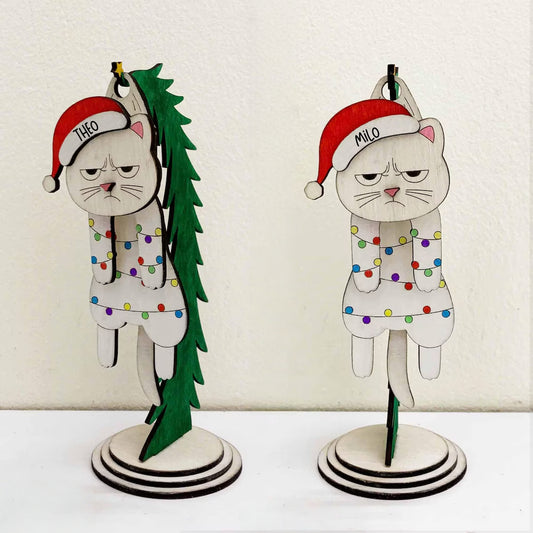 Personalized Cat on Christmas Tree Wooden Stand– Name & Year, 3D Layered Decor