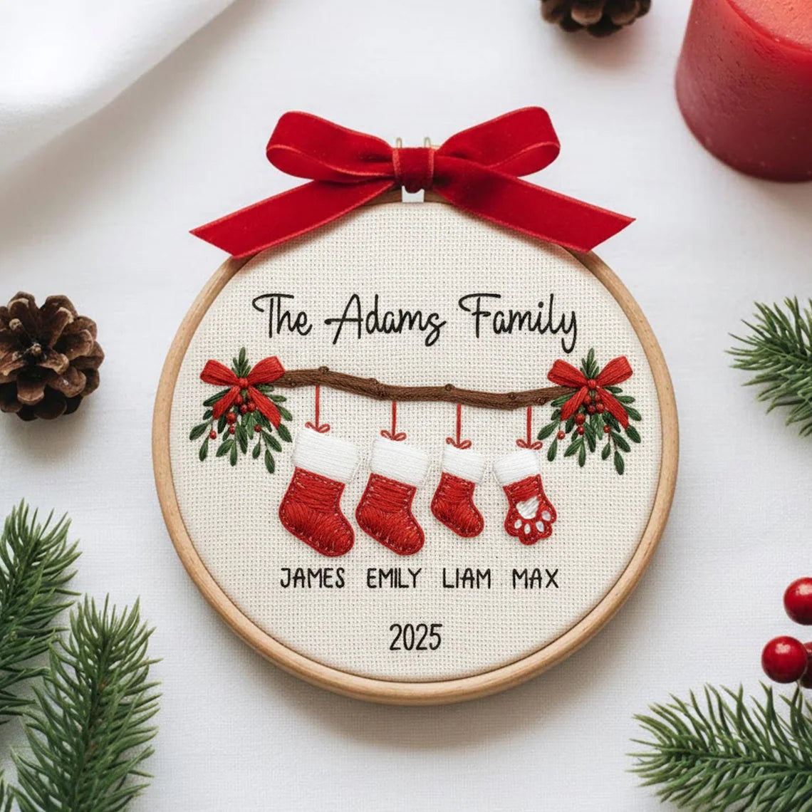 Personalized Family Christmas Ornament 2025 | Embroidered Stocking Gift