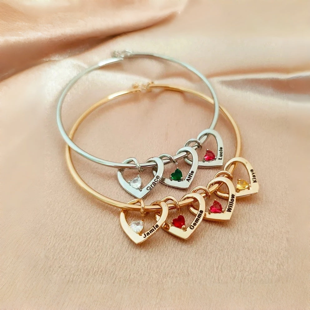 Personalized Birthstone Family Name Jewelry | Custom Heart Necklace or Bangle