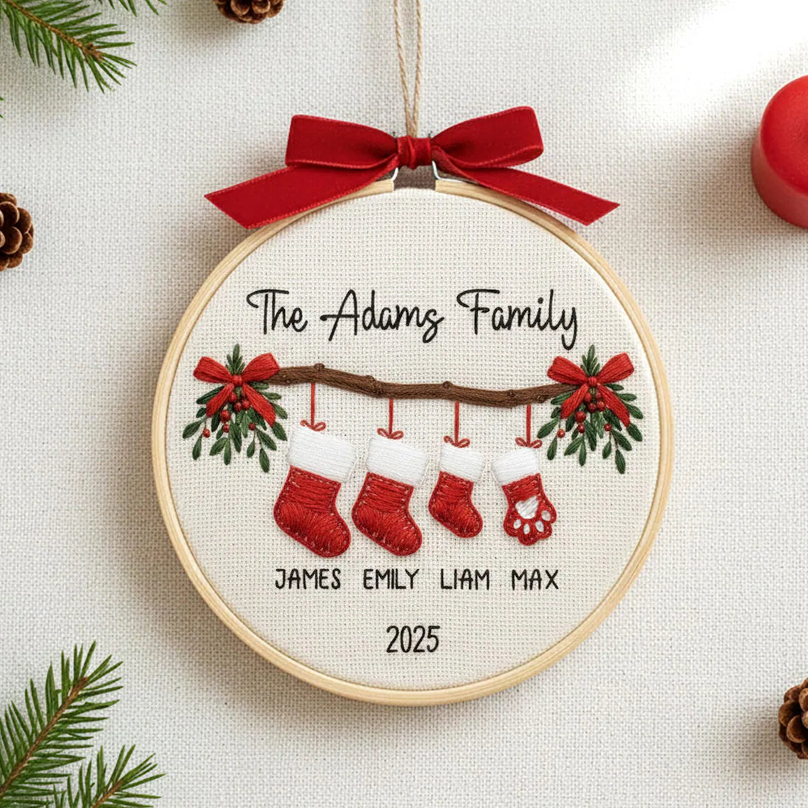 Personalized Family Christmas Ornament 2025 | Embroidered Stocking Gift