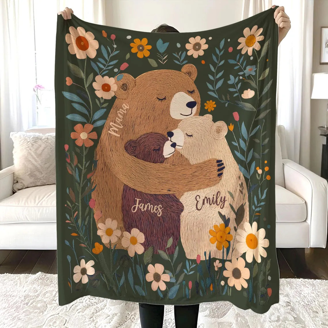 Personalized Mama Bear Flower Blanket – Custom Gift for Mom & Grandma