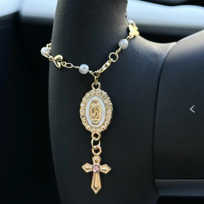 Heart Steering Wheel Rosary Charm - Custom Car Accessory