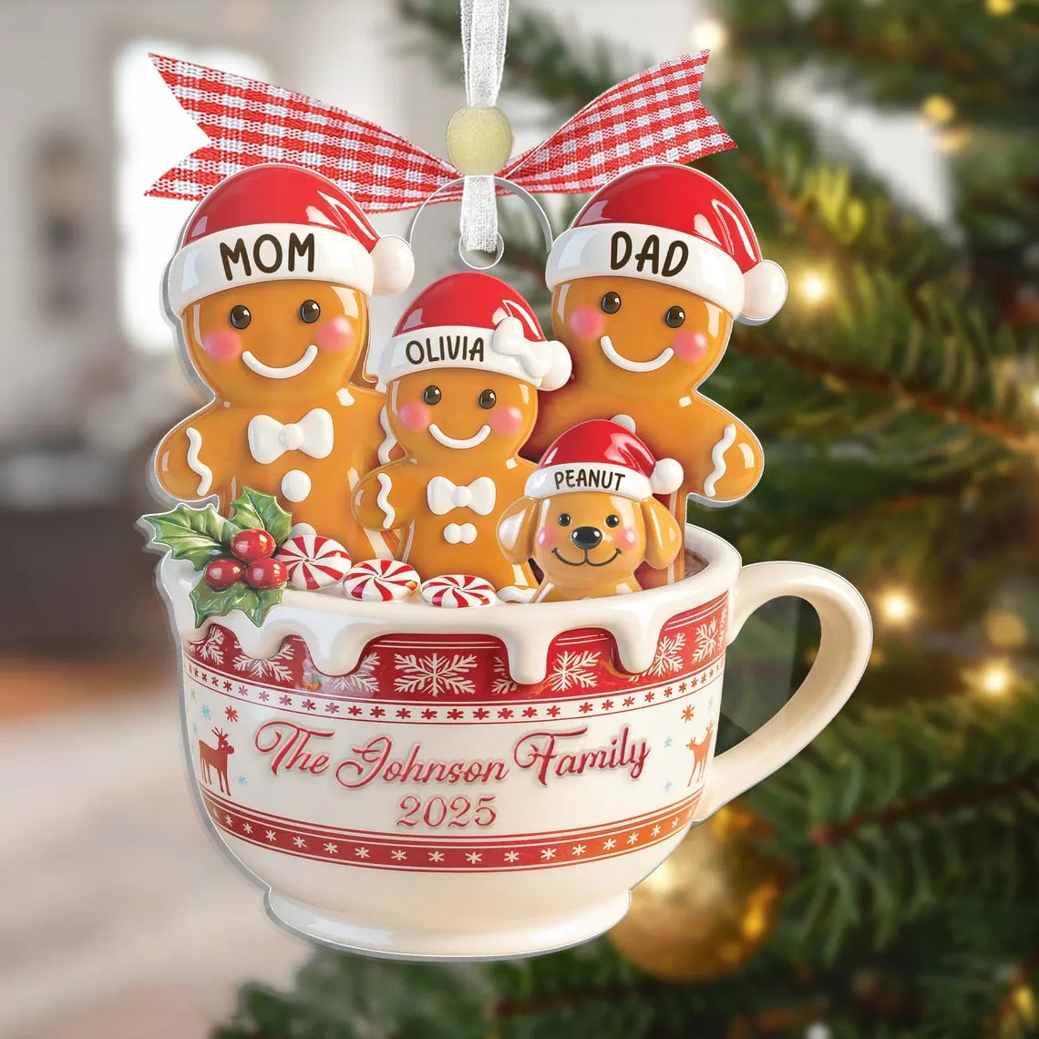 Personalized Gingerbread Family Ornament with Pets – Custom Names