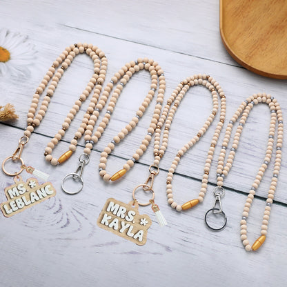 Personalized White & Wood Name Lanyard – Neutral Teacher Gift