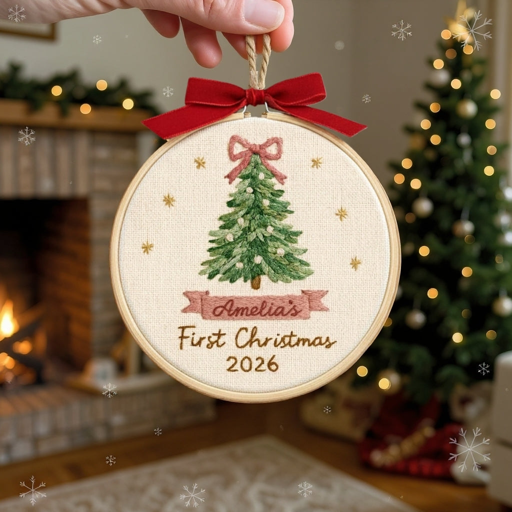 Baby’s First Christmas Embroidery Ornament | Pink & Blue Bow Tree