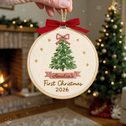 Baby’s First Christmas Embroidery Ornament | Pink & Blue Bow Tree