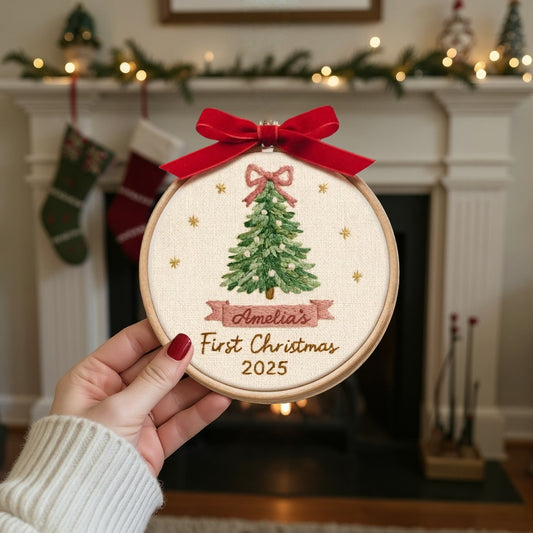 Baby’s First Christmas Embroidery Ornament | Pink & Blue Bow Tree