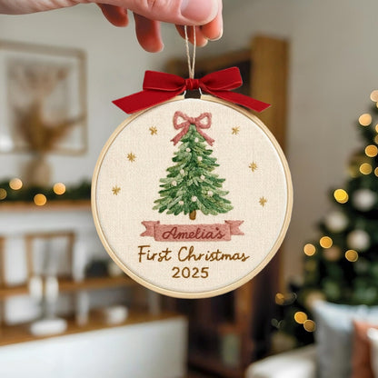 Baby’s First Christmas Embroidery Ornament | Pink & Blue Bow Tree