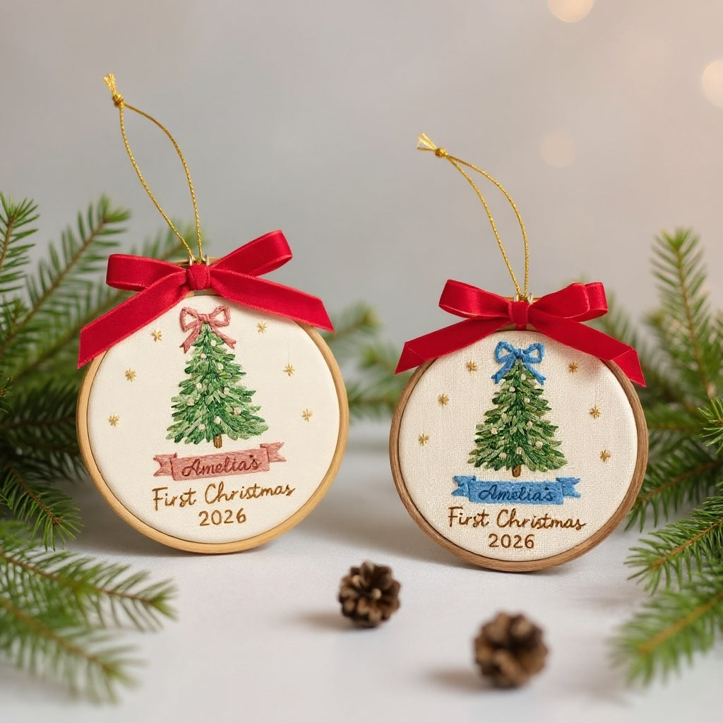 Baby’s First Christmas Embroidery Ornament | Pink & Blue Bow Tree
