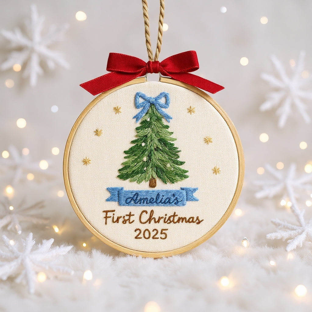 Baby’s First Christmas Embroidery Ornament | Pink & Blue Bow Tree