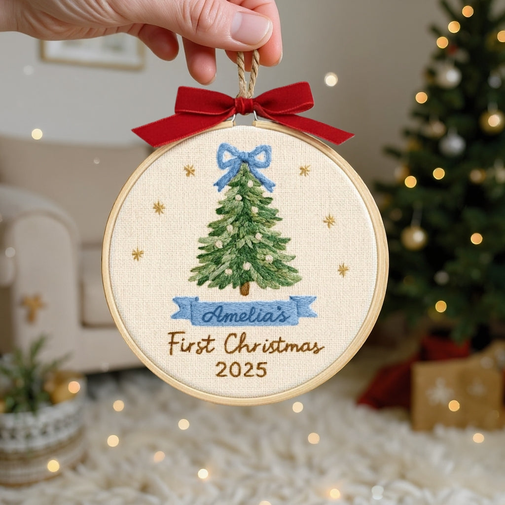 Baby’s First Christmas Embroidery Ornament | Pink & Blue Bow Tree