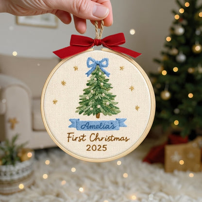 Baby’s First Christmas Embroidery Ornament | Pink & Blue Bow Tree
