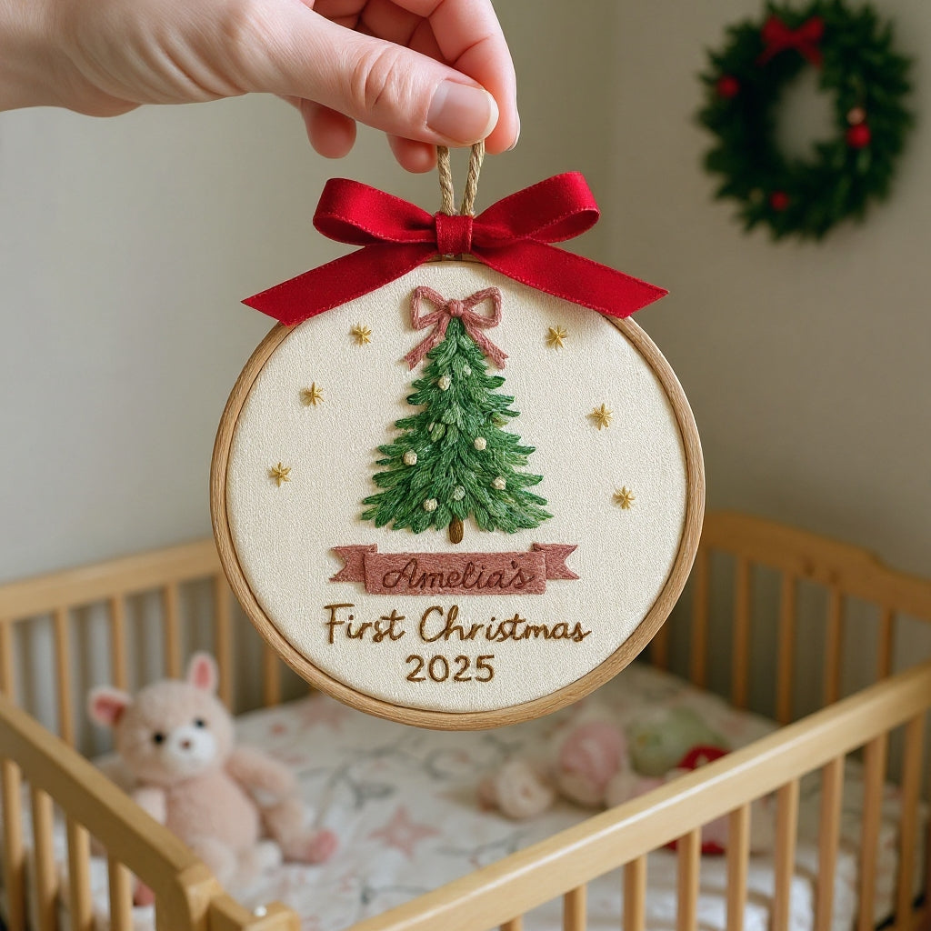 Baby’s First Christmas Embroidery Ornament | Pink & Blue Bow Tree