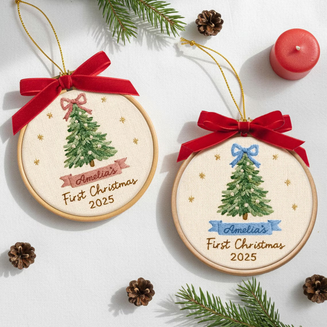 Baby’s First Christmas Embroidery Ornament | Pink & Blue Bow Tree