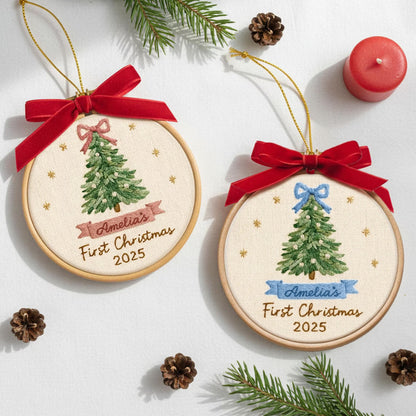 Baby’s First Christmas Embroidery Ornament | Pink & Blue Bow Tree