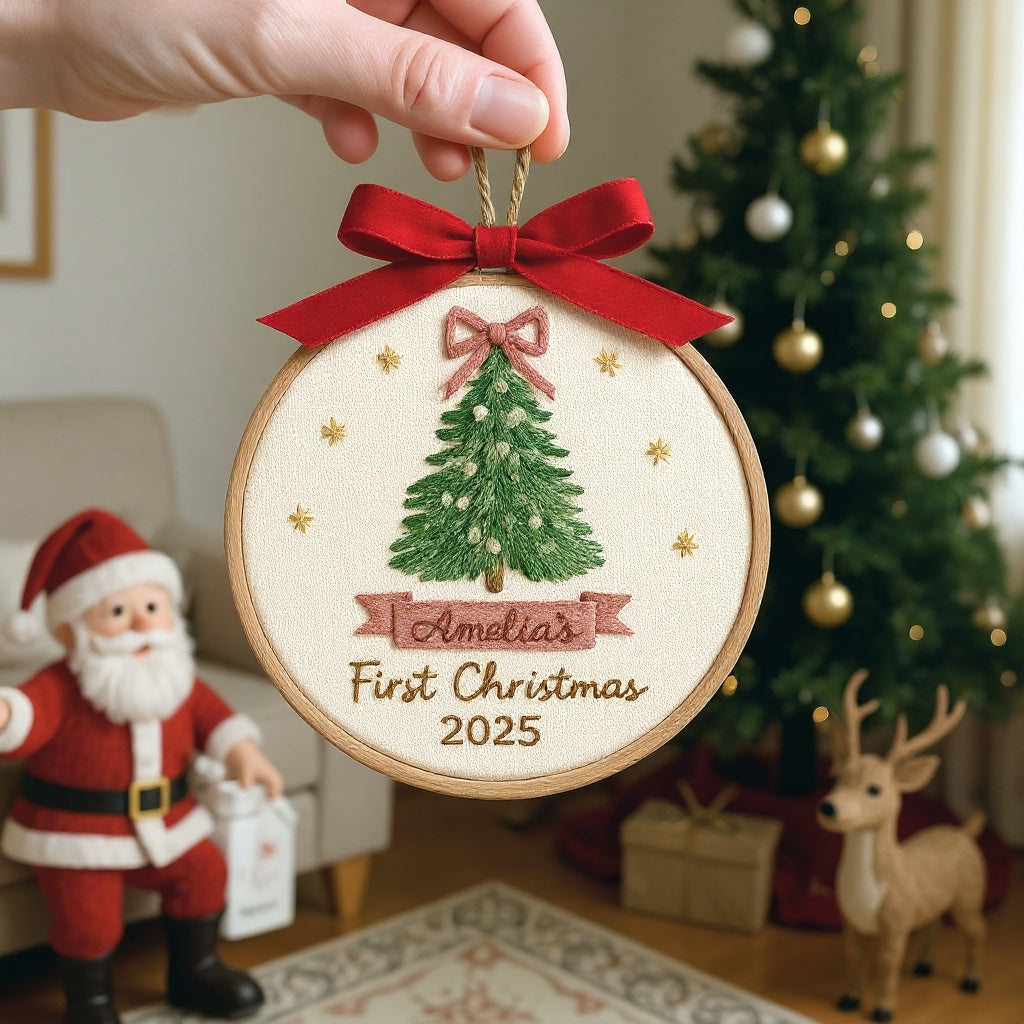 Baby’s First Christmas Embroidery Ornament | Pink & Blue Bow Tree