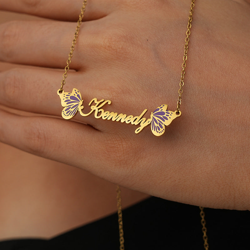 Butterfly Name Necklace with Pink Enamel Wings – Custom Jewelry Gift
