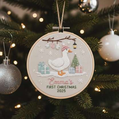 Goose Baby’s First Christmas Ornament – Hand Embroidered Personalized Gift