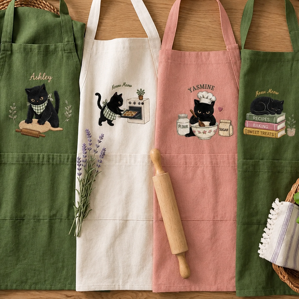 Personalized Black Cat Apron – Embroidered Name Cross-Back Apron
