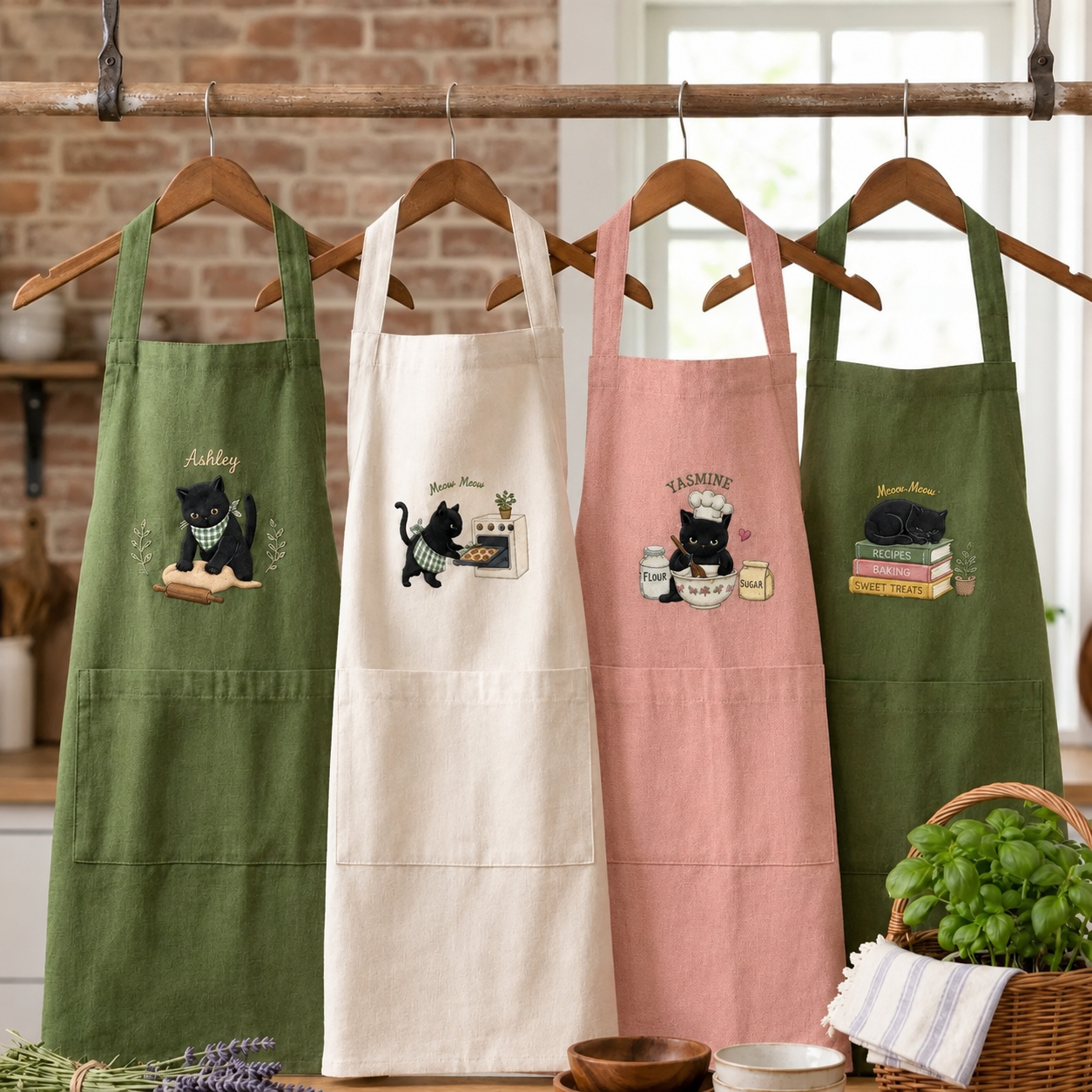 Personalized Black Cat Apron – Embroidered Name Cross-Back Apron