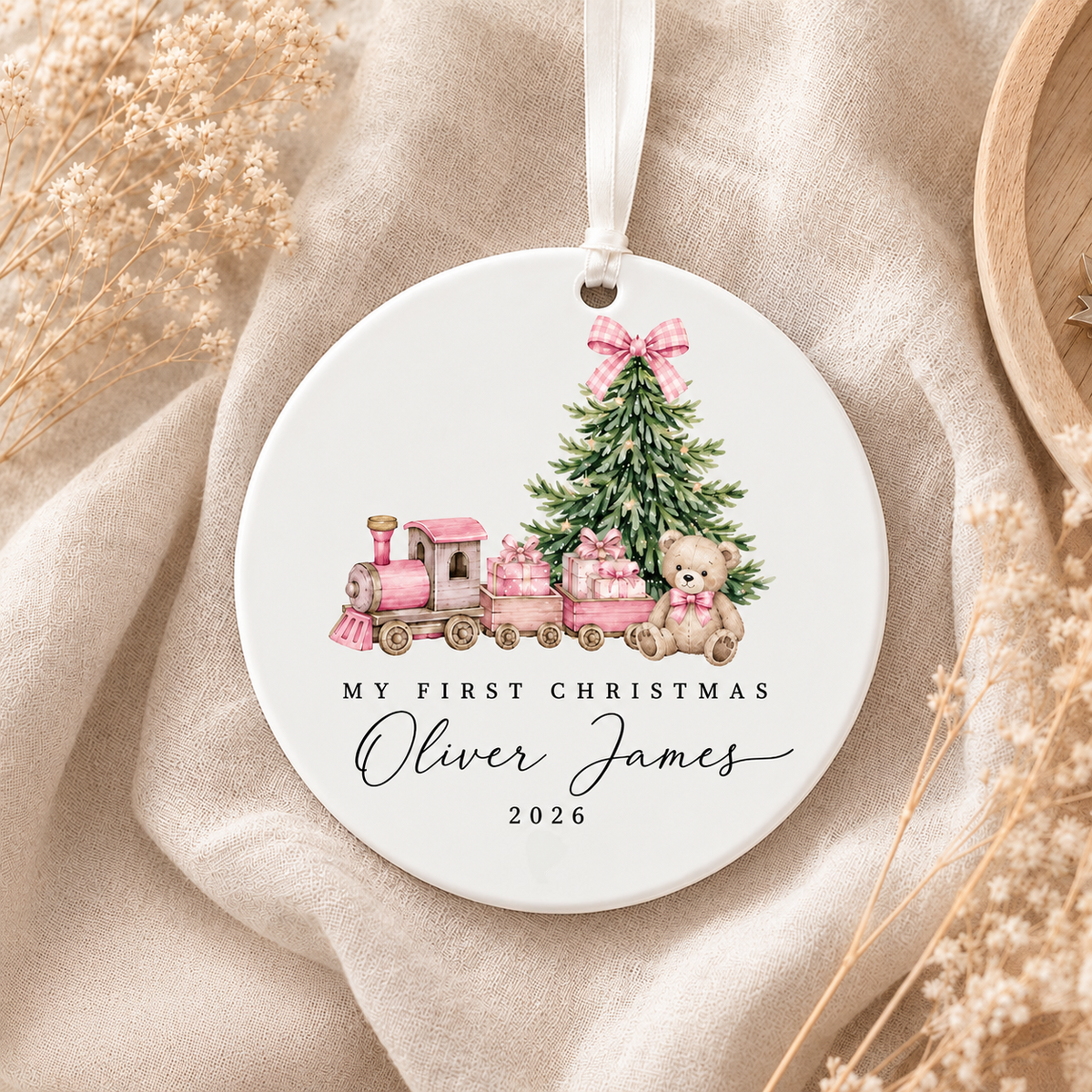Personalized Baby's First Christmas Ceramic Ornament Teddy Bear & Train