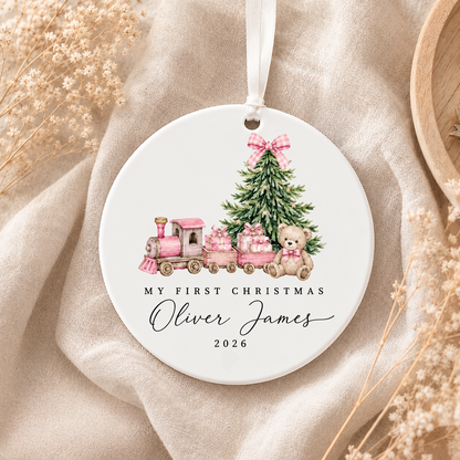 Personalized Baby's First Christmas Ceramic Ornament Teddy Bear & Train