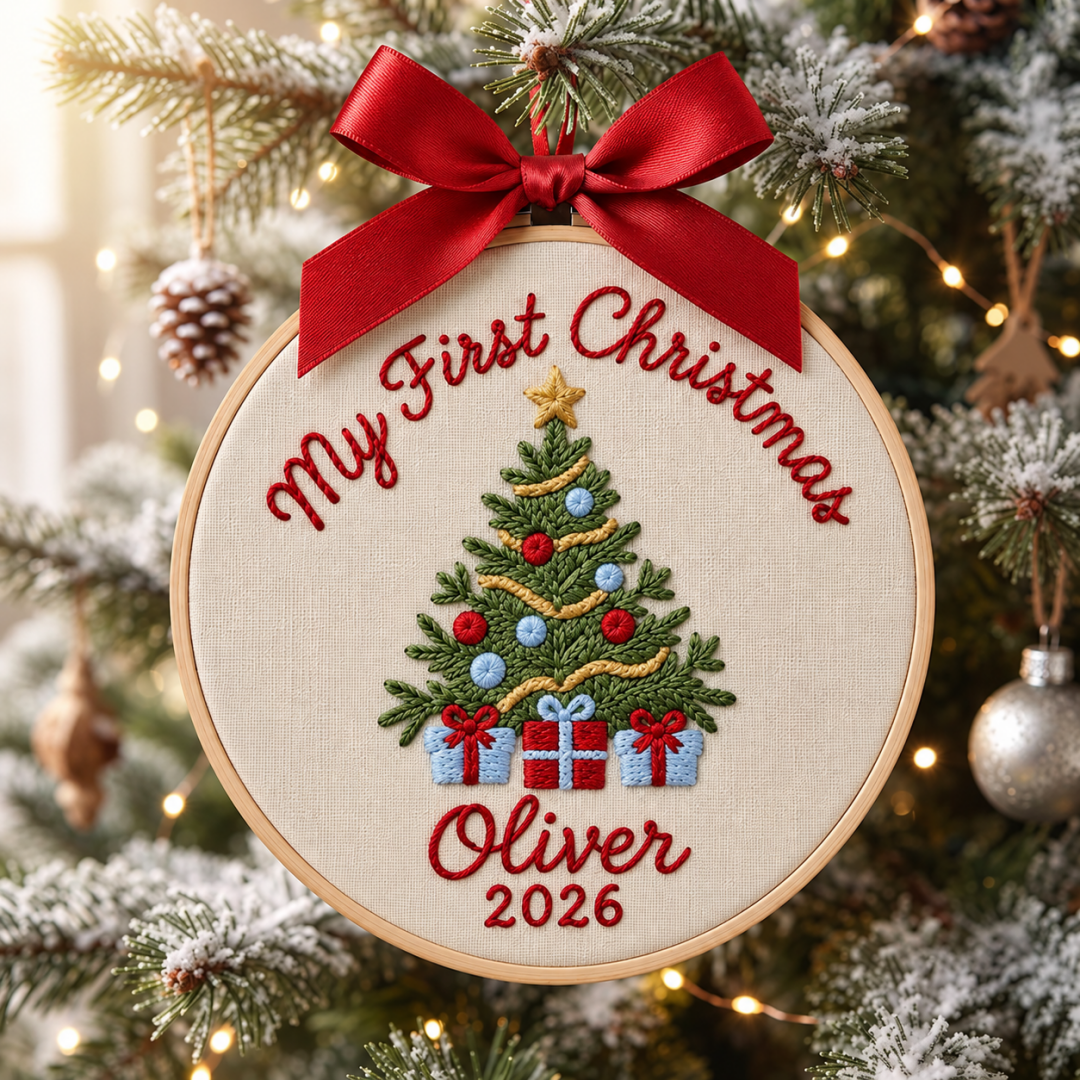 Personalized Baby’s First Christmas Ornament, Custom Name Embroidery Christmas Tree