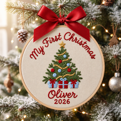 Personalized Baby’s First Christmas Ornament, Custom Name Embroidery Christmas Tree