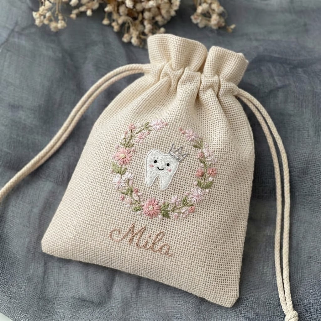 Personalized Tooth Fairy Bag, Embroidered Name & Star Glass Tooth Jar