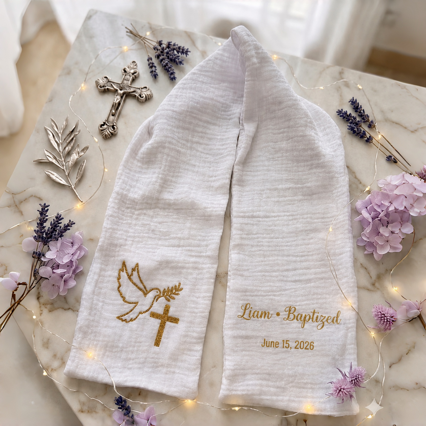 Personalized Christening Stole with Gold Glitter Lettering | Baptism Scarf