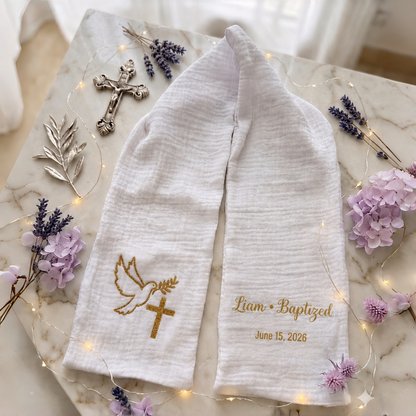 Personalized Christening Stole with Gold Glitter Lettering | Baptism Scarf