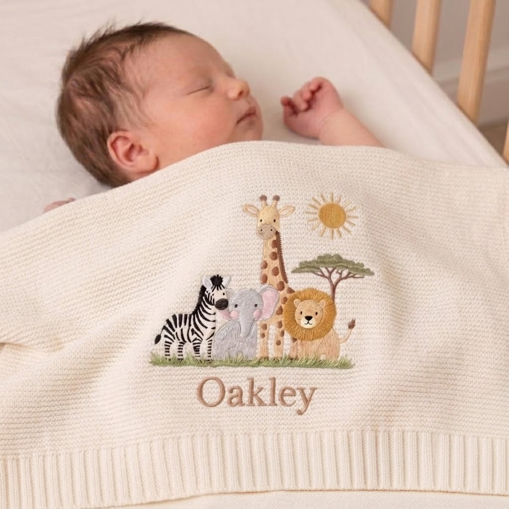 Personalized Savanna Friends Knit Baby Blanket | Custom Name