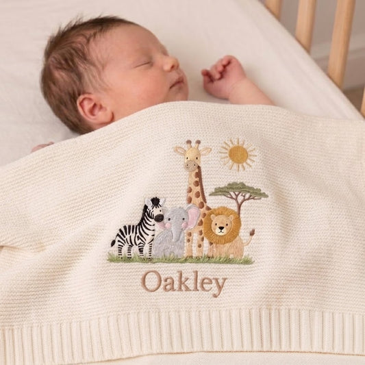 Personalized Savanna Friends Knit Baby Blanket | Custom Name