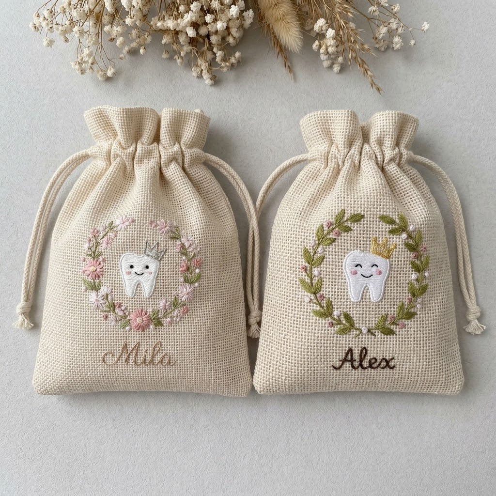Personalized Tooth Fairy Bag, Embroidered Name & Star Glass Tooth Jar