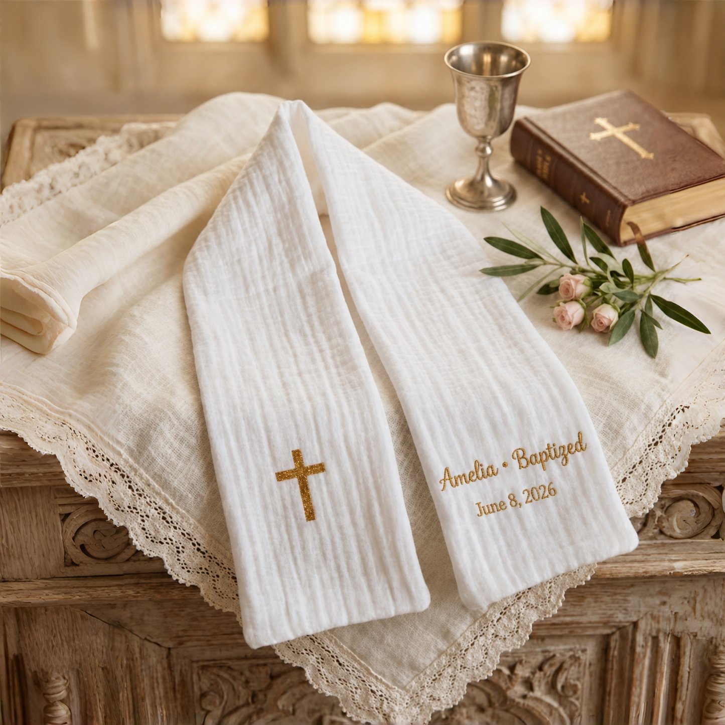 Personalized Christening Stole with Gold Glitter Lettering | Baptism Scarf