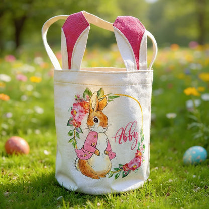 Personalized Bunny Ears Easter Basket – Custom Name Canvas Bag