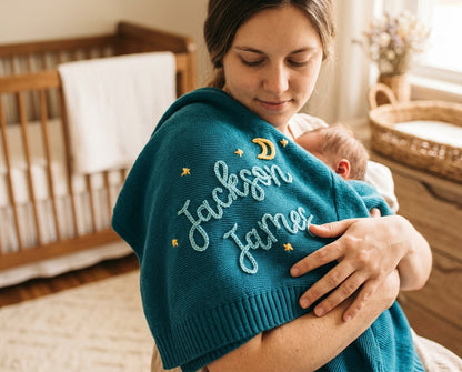 Personalized Baby Moon & Star Knit Blanket | Custom Embroidered Gift